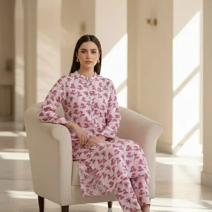 A model seated in an armchair wearing a Sairiwardrobe pink 2-piece linen outfit, showcasing the comfortable fit and elegant drape of the floral printed fabric.