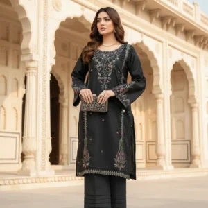 A premium Sairi Wardrobe ready-to-wear 2-piece stitched suit in jet black, featuring a straight mid-length shirt with multi-colored floral threadwork embroidery on the round neckline and statement sleeves, paired with wide-leg culottes showcasing elegant horizontal pintucks and lace trim, designed as a minimalist couture ensemble for Pakistani college girls, working women, and housewives.